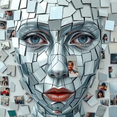 The primary subject of the image is a close-up of a face, which is made up of multiple smaller faces. The face is surrounded by a collage of various photos, creating a visually intriguing and artistic composition. The setting appears to be a gallery or an artistic display, showcasing the unique and creative nature of the image. The visual style is a combination of digital art and photography, with the faces and photos arranged in a way that highlights the individuality and diversity of the subjects. The